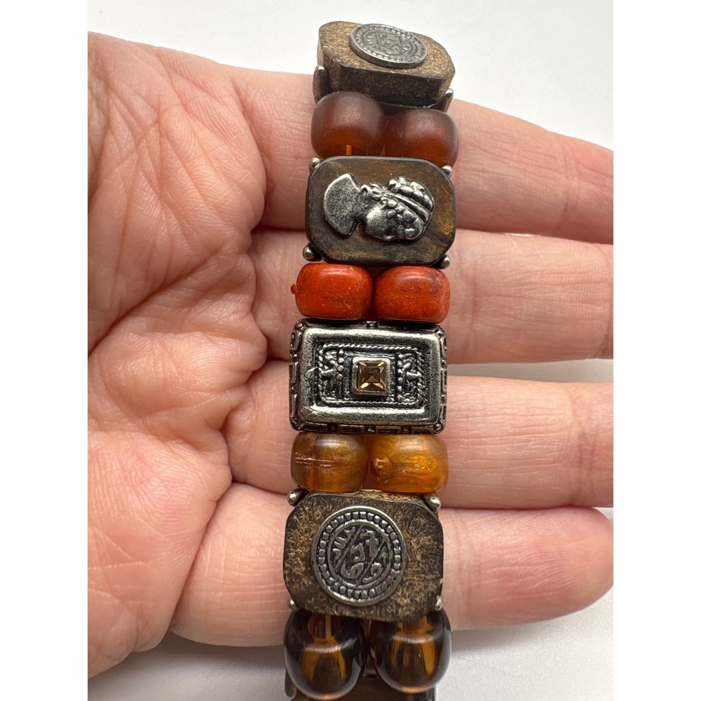 Bohemian Mixed Media Stretch Bracelet Silver Cameo Wood Resin Beads Brown Orange - Picture 3 of 7